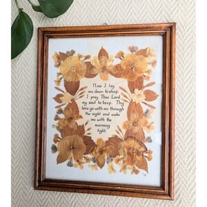 Framed Pressed Flowers Prayer "Now I Lay Me Down To Sleep" Wooden frame picture